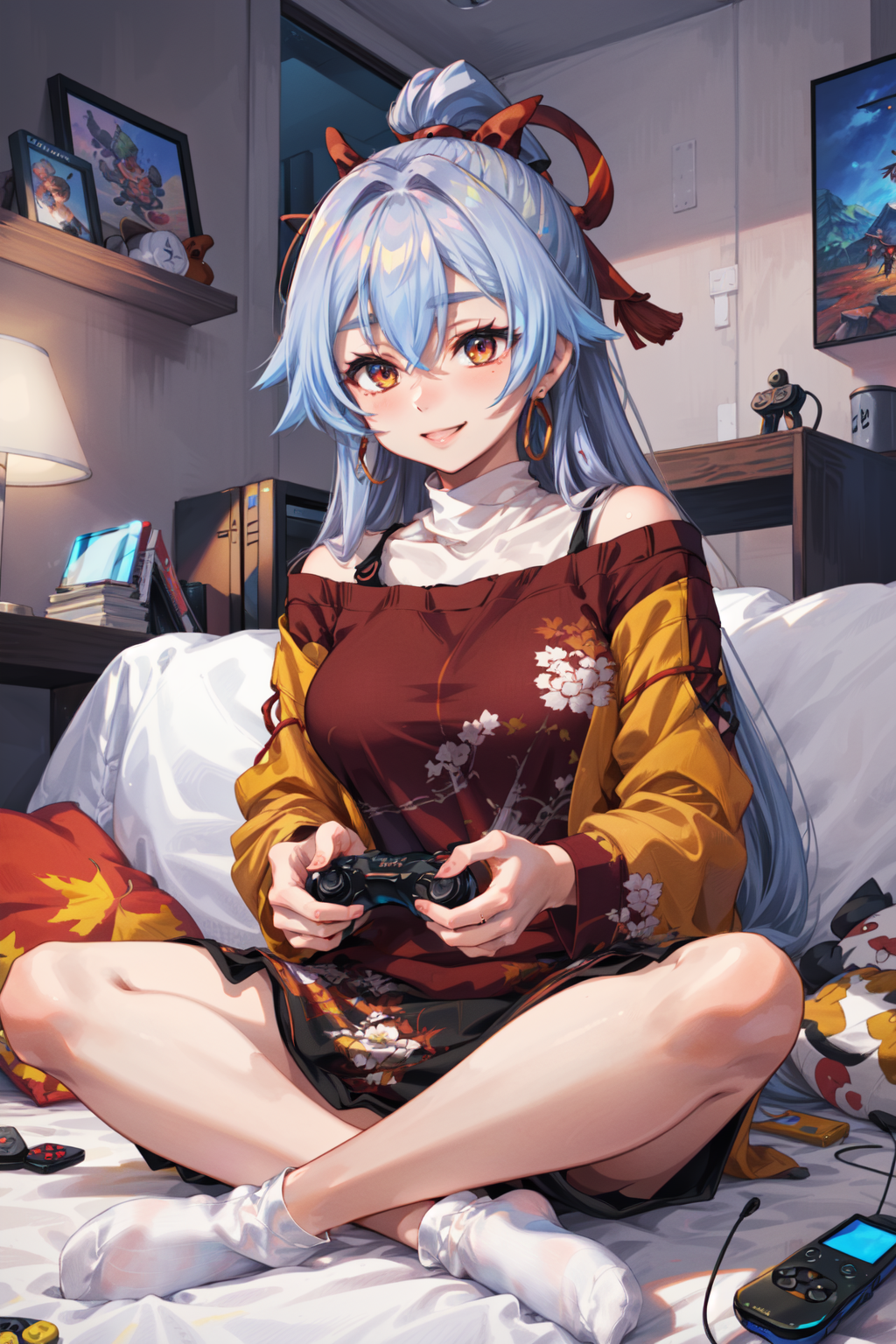 00632-3280470637-masterpiece,best quality,1girl,solo,tomoe gozen _(fate_),Casual,AutumnClothing,white socks,excited,confident smile,playing video.png